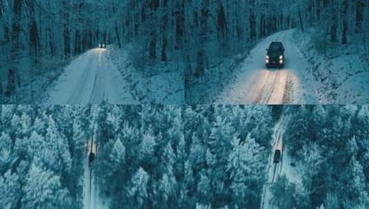 航拍汽车行驶在森林雪路上高清在线视频素材下载