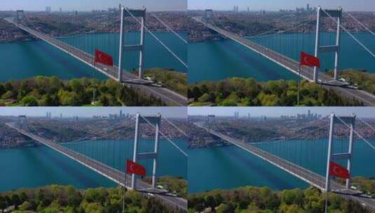 大桥海峡和建筑物的鸟瞰图高清在线视频素材下载