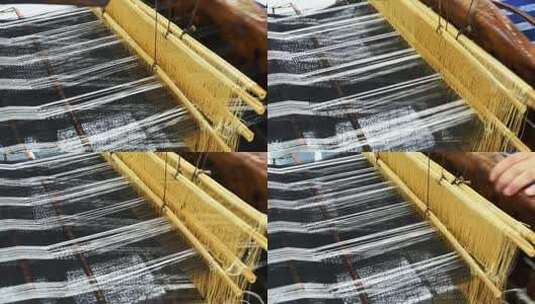 湖北枣阳非遗文化传统古法手工织布体验现场高清在线视频素材下载