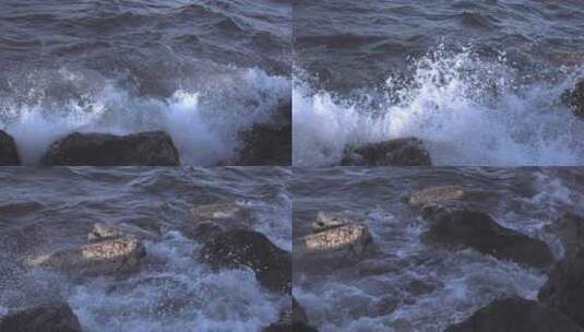 大海海浪拍打岩石浪花水花四溅超慢镜头高清在线视频素材下载