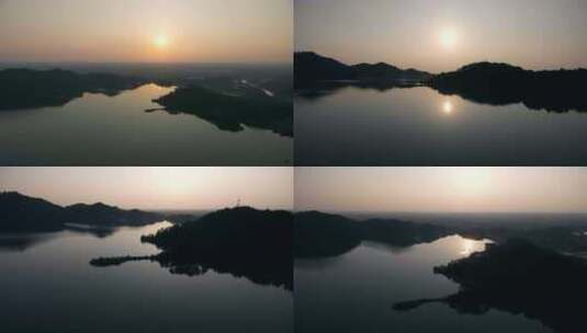 夕阳下湖光山色航拍高清在线视频素材下载