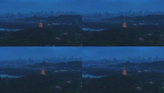 西湖雷峰塔城隍阁同框夜景高清在线视频素材下载
