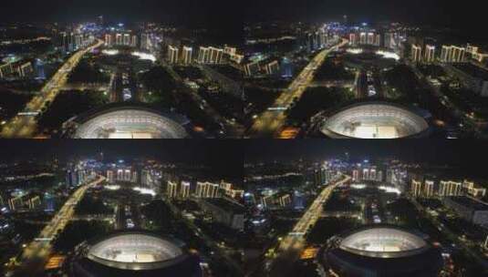 山东济南奥体中心夜景灯光航拍高清在线视频素材下载