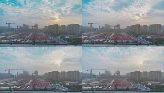 上海外高桥秋天日出、晨雾、地铁、塔吊建设高清在线视频素材下载