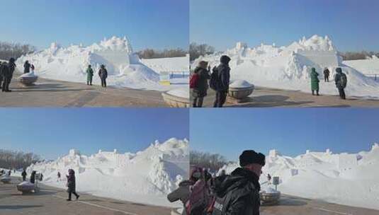 户外大型万里长城雪雕景观太阳岛雪博会东北高清在线视频素材下载