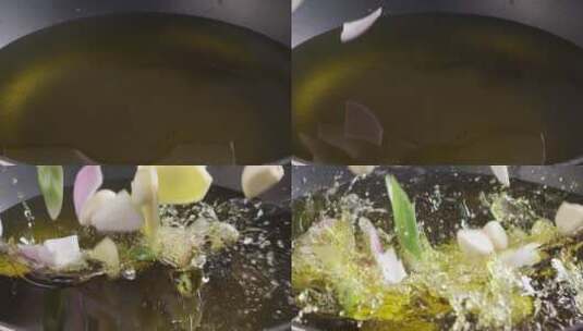 2K切好的蒜洋葱姜倒入油锅高清在线视频素材下载