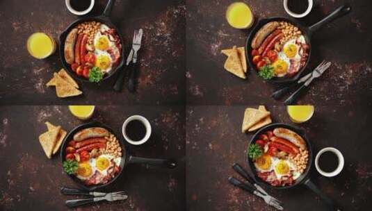 铁锅美味英式早餐高清在线视频素材下载