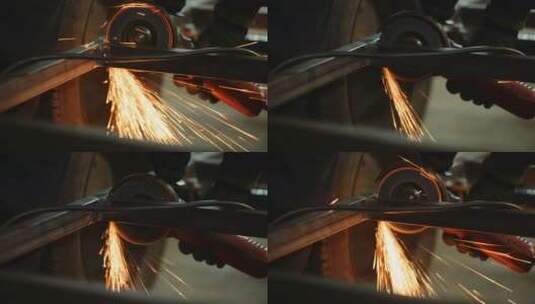 行业工人用角磨机磨削金属高清在线视频素材下载