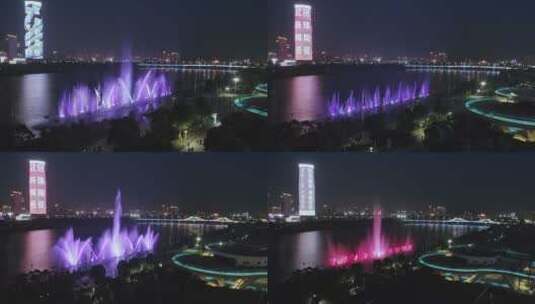 航拍上虞曹娥江水上音乐喷泉,城市阳台高清在线视频素材下载