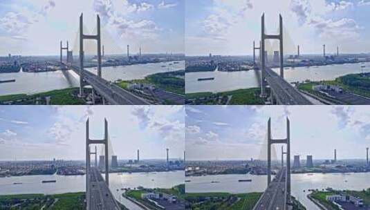 上海闵浦大桥交通枢纽跨江货轮高清在线视频素材下载