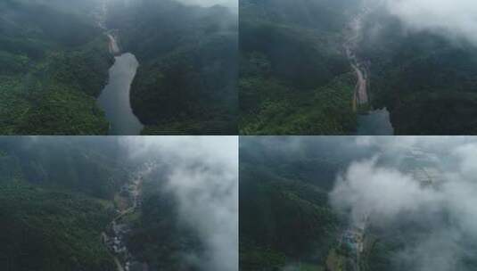航拍 山中 带雾 峡谷 村落高清在线视频素材下载