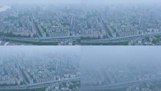 雨雾天气广州城市公路繁忙交通车流航拍高清在线视频素材下载