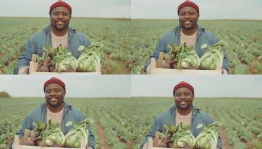 菜园里抱着一篮子蔬菜微笑的农夫高清在线视频素材下载