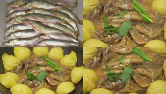 炖河鱼河鱼玉米饼子铁锅炖高清在线视频素材下载