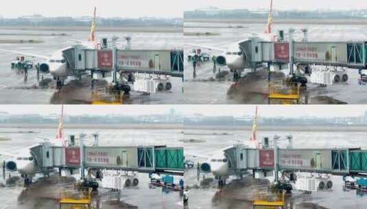 飞机停靠在机场航站楼廊桥停机位高清在线视频素材下载