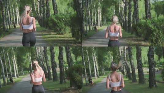 金发女孩在公园里跑步的背影高清在线视频素材下载