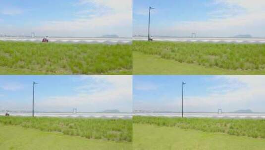 浙江省杭州市下沙沿江健身绿道航拍高清在线视频素材下载
