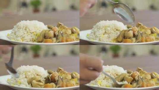 品尝咖喱鸡米饭高清在线视频素材下载