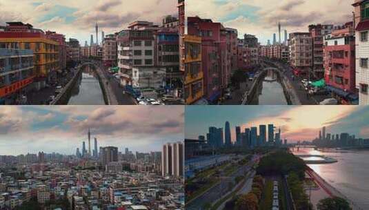 广州大塘村繁华都市里城中村绝美航拍4K视频高清在线视频素材下载