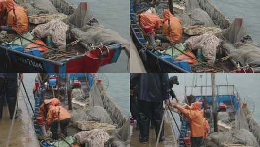 h雨季渔民靠岸卸货高清在线视频素材下载