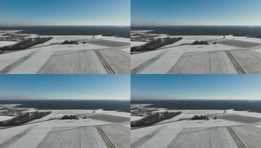 冬季景观——无人机在4K飞越农村白雪皑皑的田野高清在线视频素材下载
