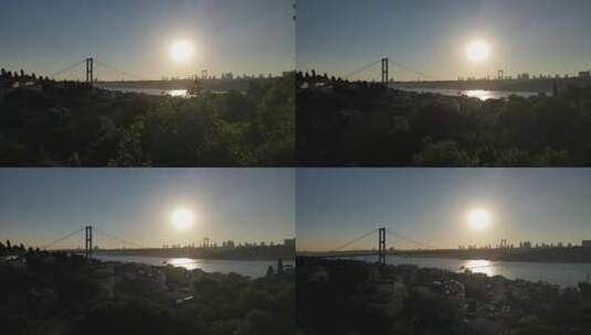 航拍跨河大桥日落风景高清在线视频素材下载