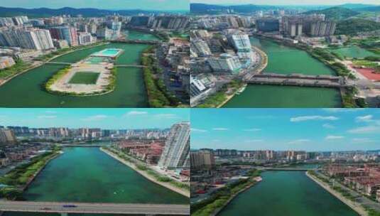 竖屏多镜头都匀剑江河心岛体育公园城市建筑高清在线视频素材下载