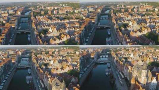 美丽夏日格但斯克老城上空的下降镜头高清在线视频素材下载