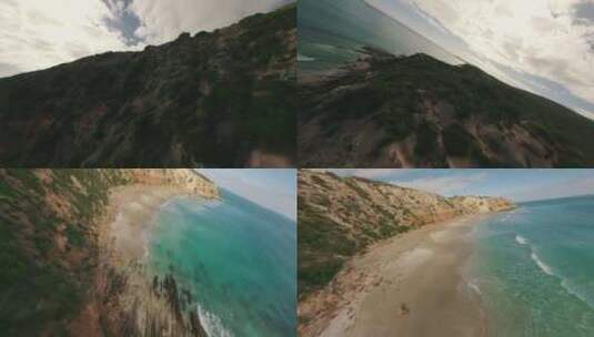 FPV穿越机无人机航拍海浪冲击海滩海岛礁石高清在线视频素材下载