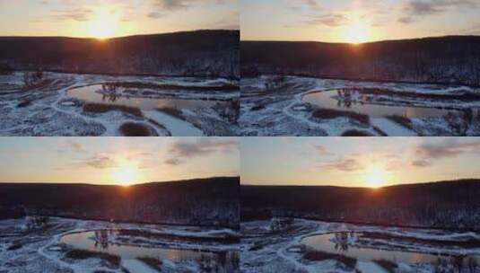 空中日落阳光照耀着冬天的河谷高清在线视频素材下载