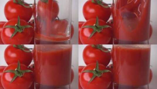 几个红番茄旁番茄汁倒入玻璃超慢速运动高清在线视频素材下载