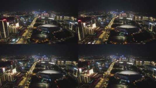 山东济南奥体中心夜景灯光航拍高清在线视频素材下载