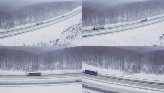 冬季雪后的高速公路货车前行高清在线视频素材下载
