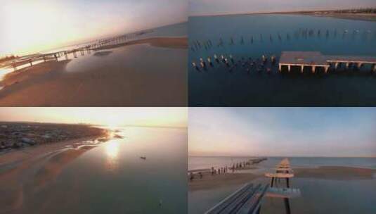 FPV穿越机无人机航拍海边日出海浪沙滩海滩高清在线视频素材下载