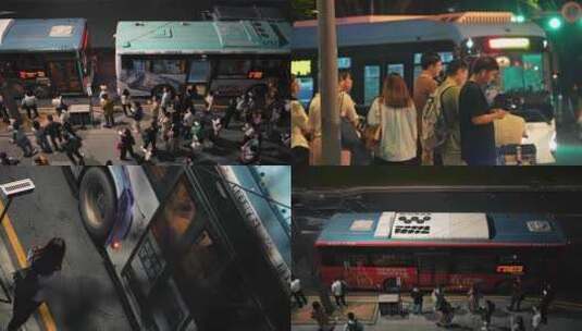 上班族人群下班挤公交车深圳城市夜色4K高清在线视频素材下载