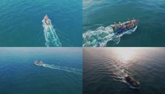 青岛早晨渔船出海航拍高清在线视频素材下载