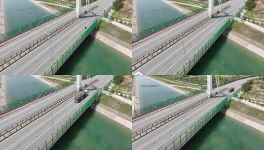 危化品运输车辆通过大桥航拍画面高清在线视频素材下载