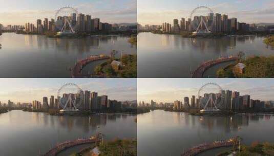 福州晋安湖摩天轮夕阳航拍2高清在线视频素材下载