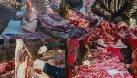 集市早市大集北方冬季新年肉类屠宰分割售卖高清在线视频素材下载