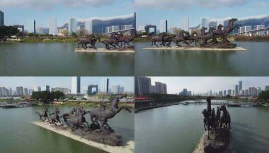 航拍城市湖心马奔腾雕像高清在线视频素材下载