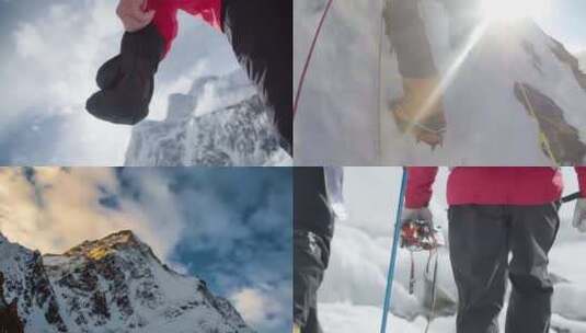 攀雪山的男人和雪山壮丽风景高清在线视频素材下载