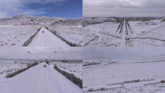 汽车行驶在冰天雪地航拍雪景公路高清在线视频素材下载