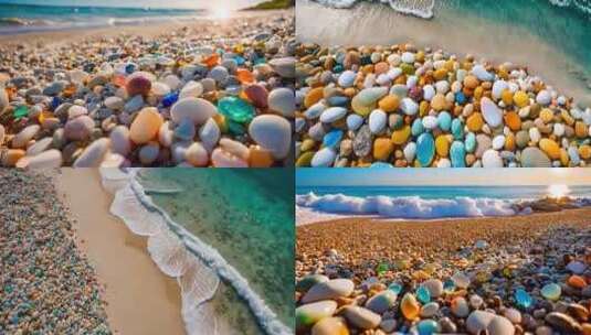 彩色海滩  彩色的石头 蓝色的大海 海面高清在线视频素材下载