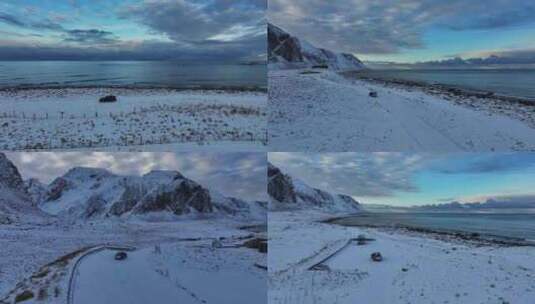 挪威罗弗敦群岛北极圈雷纳冬季雪景高空航拍高清在线视频素材下载