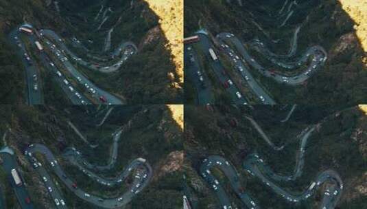 山中道路上的交通堵塞俯瞰山中弯曲狭窄的道高清在线视频素材下载