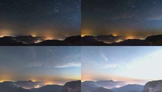 山间的星夜大自然与星空笼罩着乡村的交通夜高清在线视频素材下载