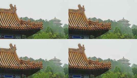 北京夏季下雨中雨水冲刷的故宫皇城角楼红墙高清在线视频素材下载