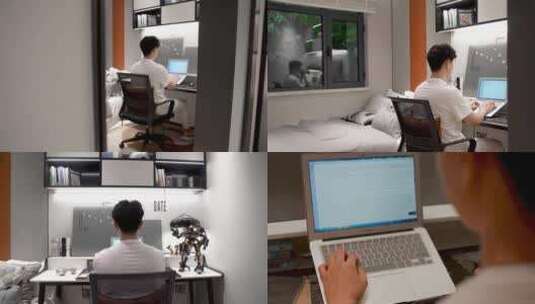 男生在卧室玩笔记本学习电脑编程高清在线视频素材下载