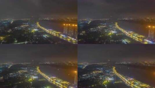 南海九江大桥西江河堤夜景航拍延时高清在线视频素材下载