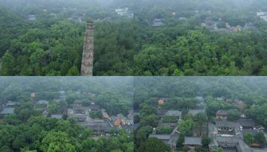 航拍台州天台国清寺隋塔到寺院上空高清在线视频素材下载